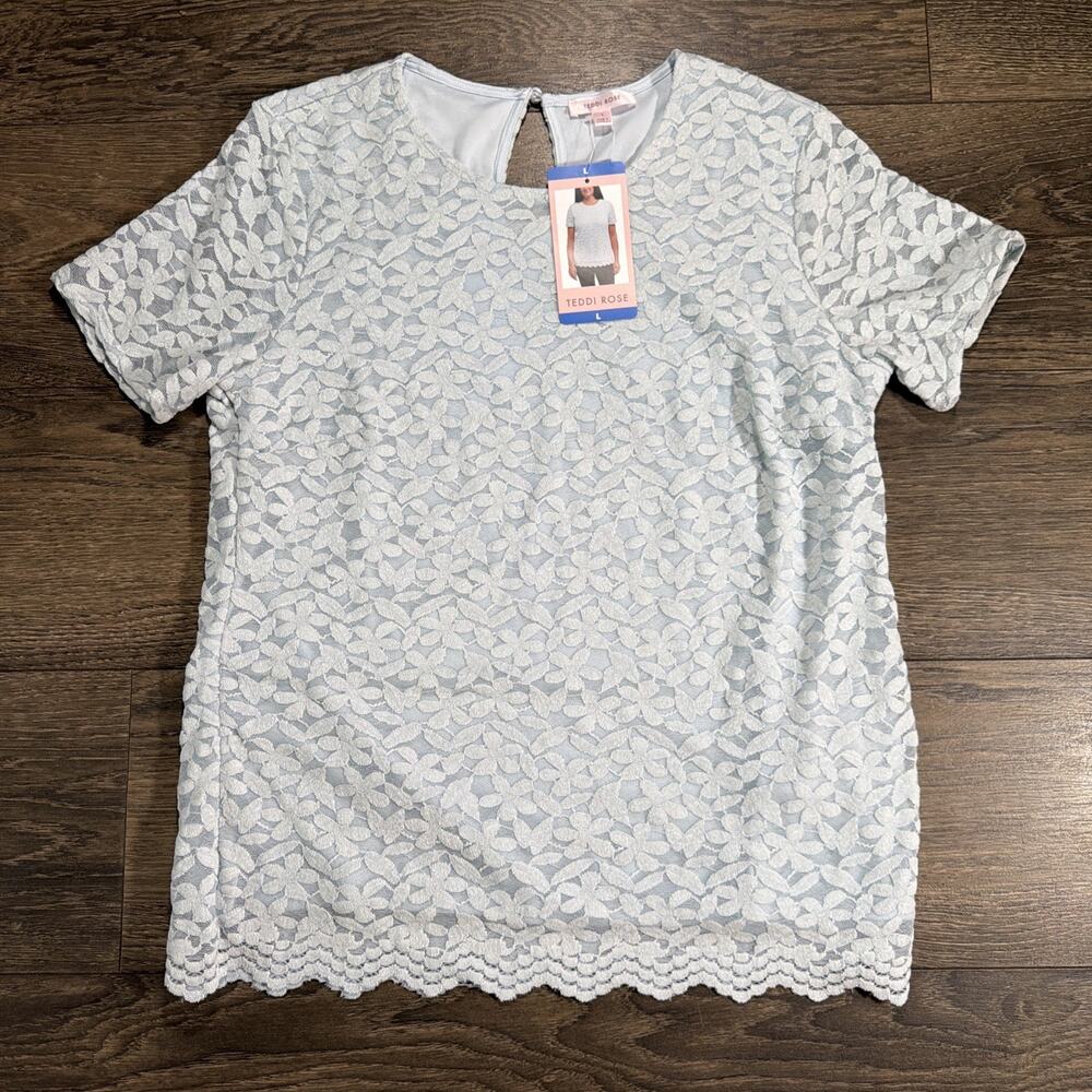 NWT Teddi Rose Sz L Light Blue Floral Lace Top Scalloped Hem Coquette Romantic